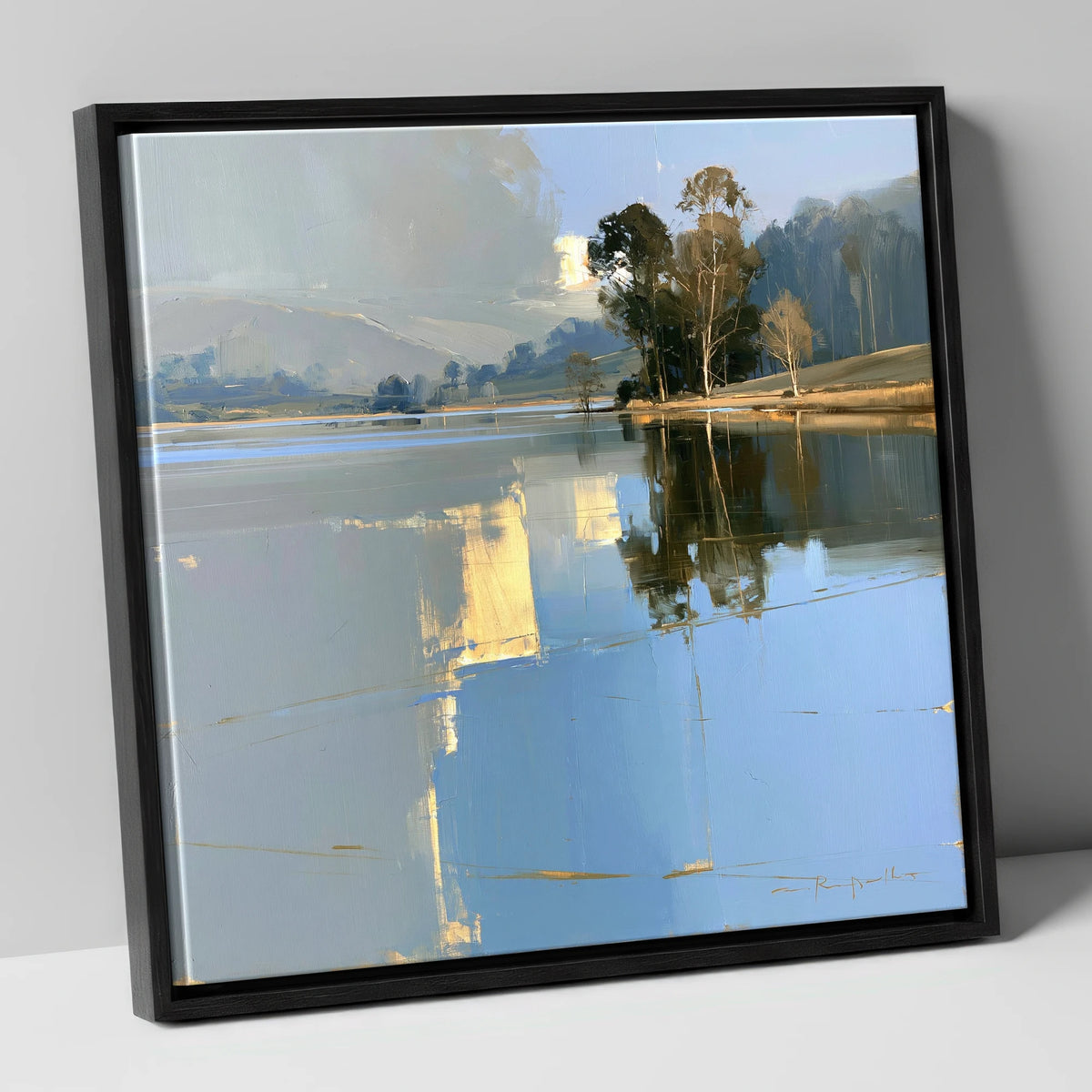 Calm Lake with Golden Reflections lake district lake canvas wall art in black frame