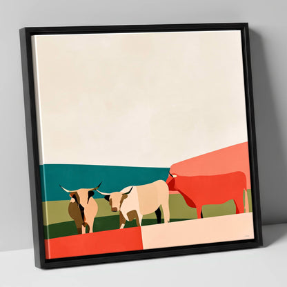 Abstract Highland Cattle and Fells lake district wildlife canvas wall art in black frame