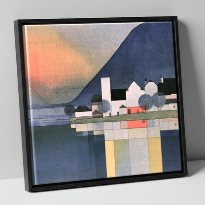 Lakeside Village Geometric Reflections lake district village canvas wall art in black frame