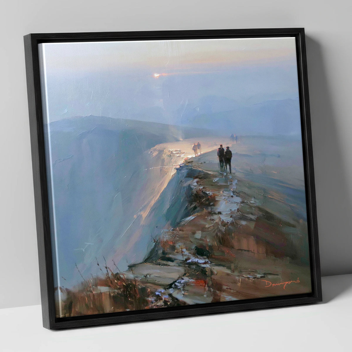 Hikers on a Hazy Fell Top lake district fell canvas wall art in black frame