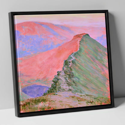 Striding Edge in Sunset Pink lake district walking canvas wall art in black frame