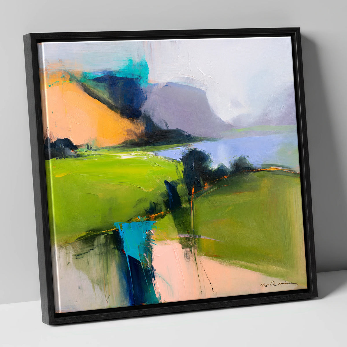 Vivid Green Valley Between Fells lake district valley canvas wall art in black frame