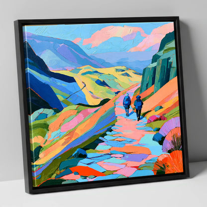 Walkers on a Vibrant Fell Path lake district walking canvas wall art in black frame