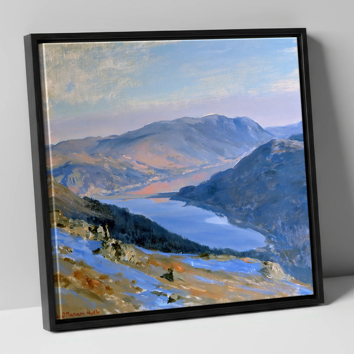Sunlit Thirlmere from Western Fells lake district lake canvas wall art in black frame