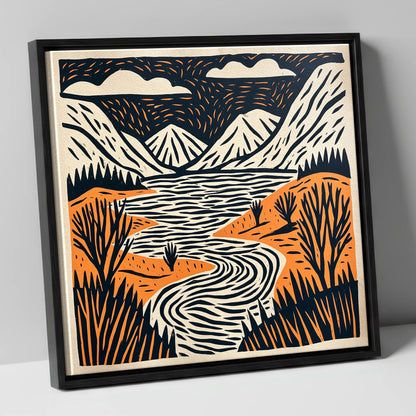 Bold Fells and Winding River lake district lake canvas wall art in black frame