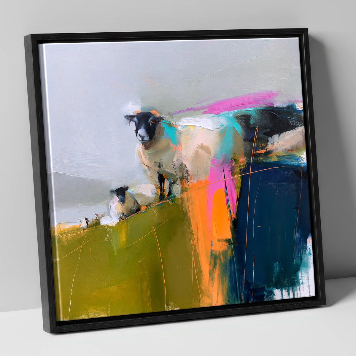 Vibrant Herdwick Sheep on Fellside lake district wildlife canvas wall art in black frame