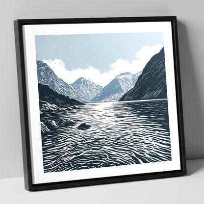 Graphic Navy Wastwater Screes lake district lake canvas wall art in black frame