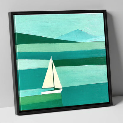 White Sailboat on a Teal Lake lake district walking canvas wall art in black frame