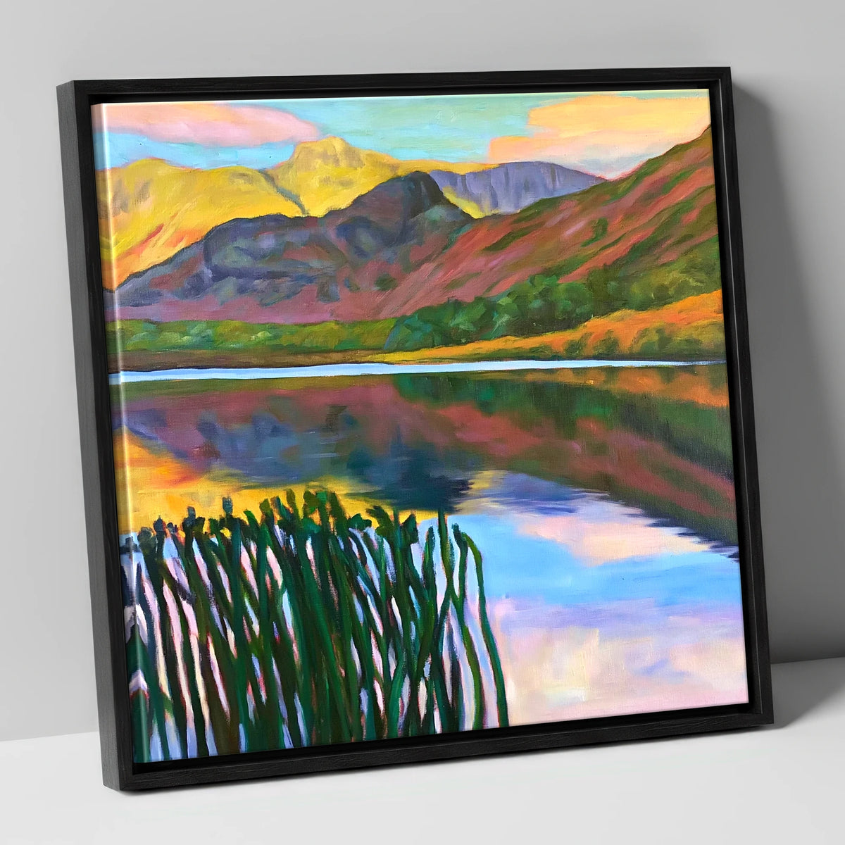 Vibrant Sunset Over Elterwater lake district lake canvas wall art in black frame