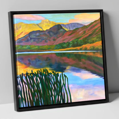 Vibrant Sunset Over Elterwater lake district lake canvas wall art in black frame