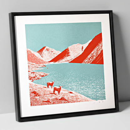 Wastwater Fells in Bold Red lake district lake canvas wall art in black frame