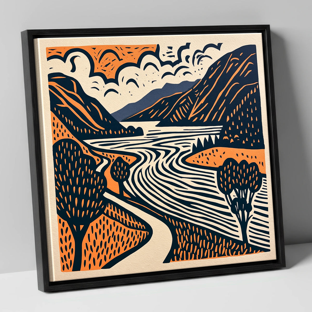 Bold Ullswater in Terracotta and Navy lake district lake canvas wall art in black frame