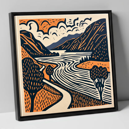 Bold Ullswater in Terracotta and Navy lake district lake canvas wall art in black frame
