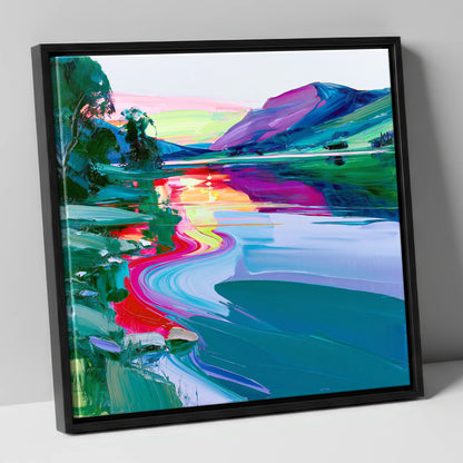 Vivid Mountain Lake Sunset lake district lake canvas wall art in black frame