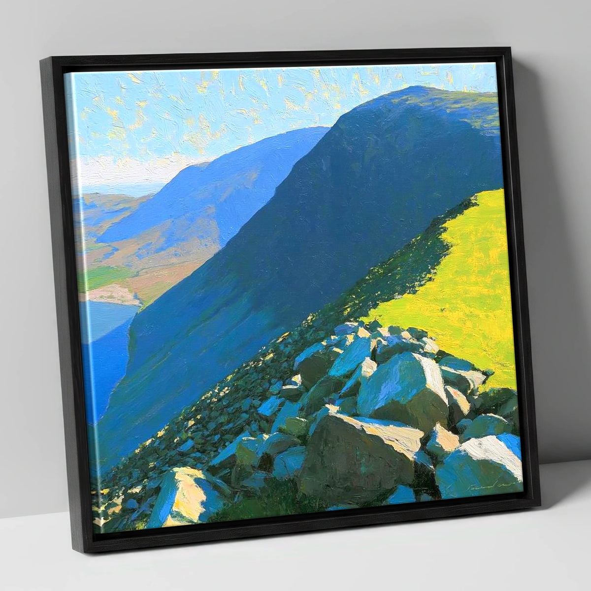 Middle Fell Ridge and Sunlit Boulders lake district fell canvas wall art in black frame