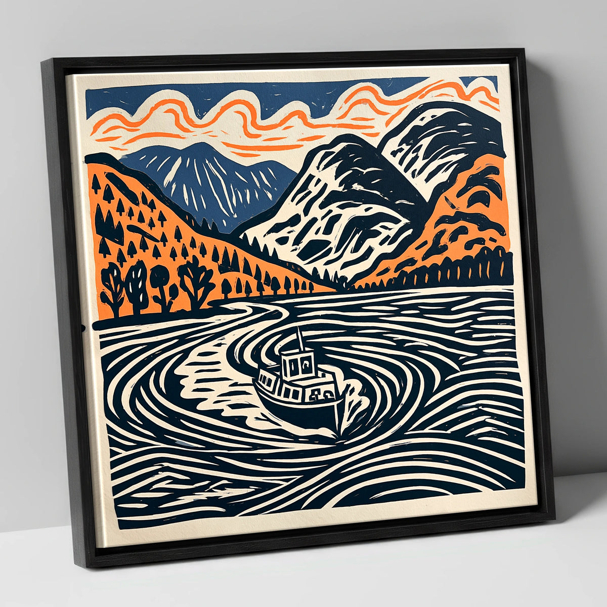 Ullswater Steamer in Terracotta and Navy lake district lake canvas wall art in black frame