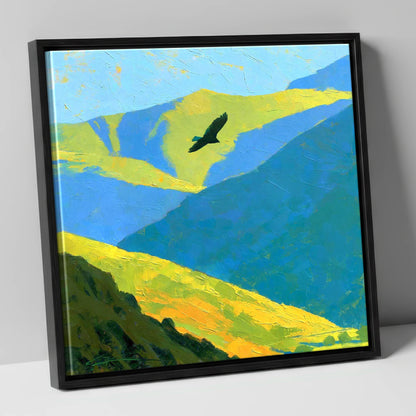 Soaring Bird of Prey Over Sunlit Fells lake district wildlife canvas wall art in black frame