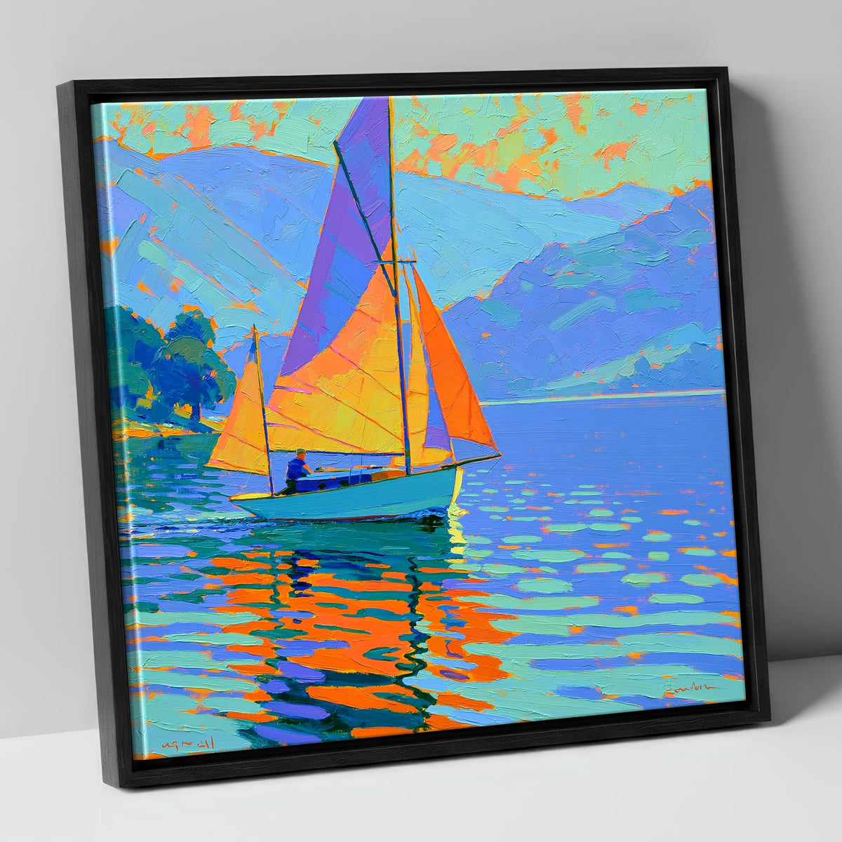 Vibrant Sails on a Breezy Lake lake district walking canvas wall art in black frame