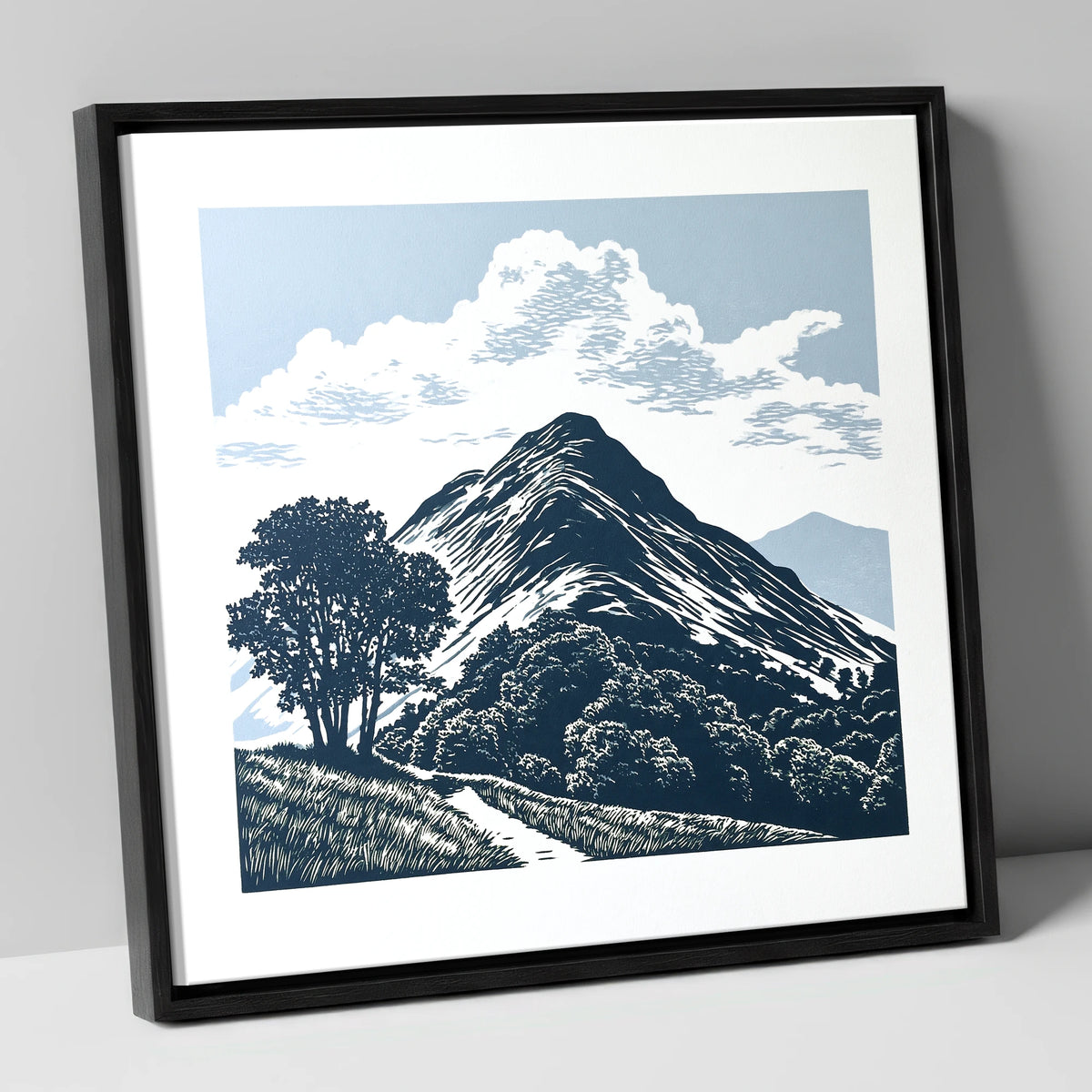 Catbells Fell in Deep Navy lake district fell canvas wall art in black frame