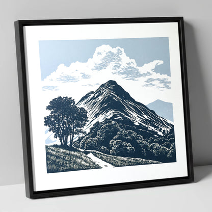 Catbells Fell in Deep Navy lake district fell canvas wall art in black frame