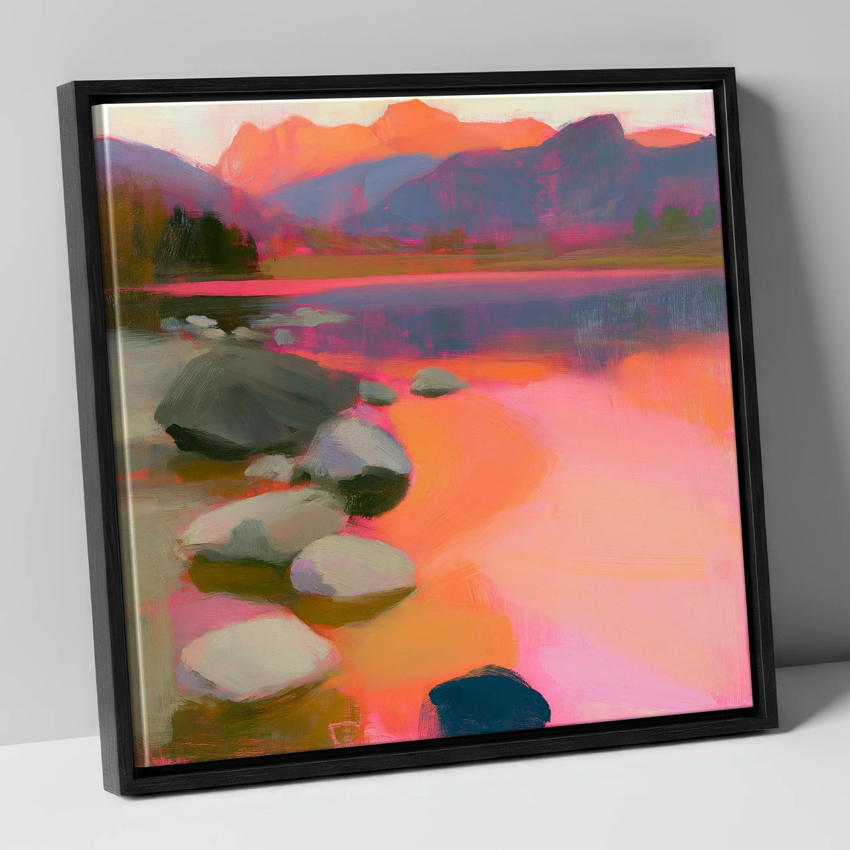 Elterwater Rocks in Fiery Light lake district lake canvas wall art in black frame