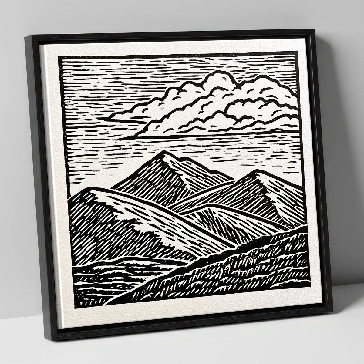Black and White Rolling Fells lake district fell canvas wall art in black frame