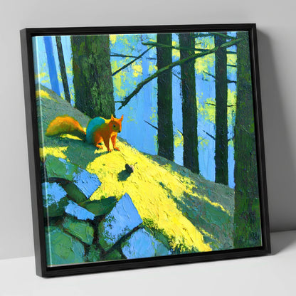 Red Squirrel in Sunlit Woodland lake district wildlife canvas wall art in black frame