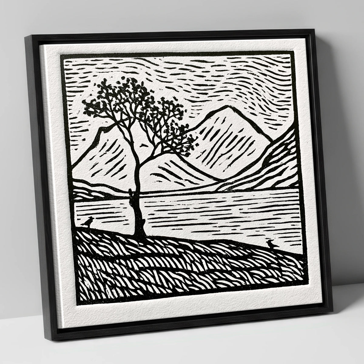 Monochrome Buttermere and Lone Tree lake district lake canvas wall art in black frame