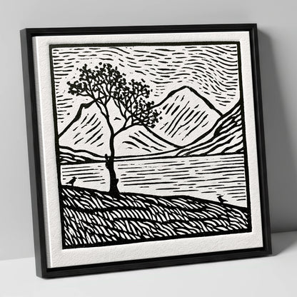 Monochrome Buttermere and Lone Tree lake district lake canvas wall art in black frame