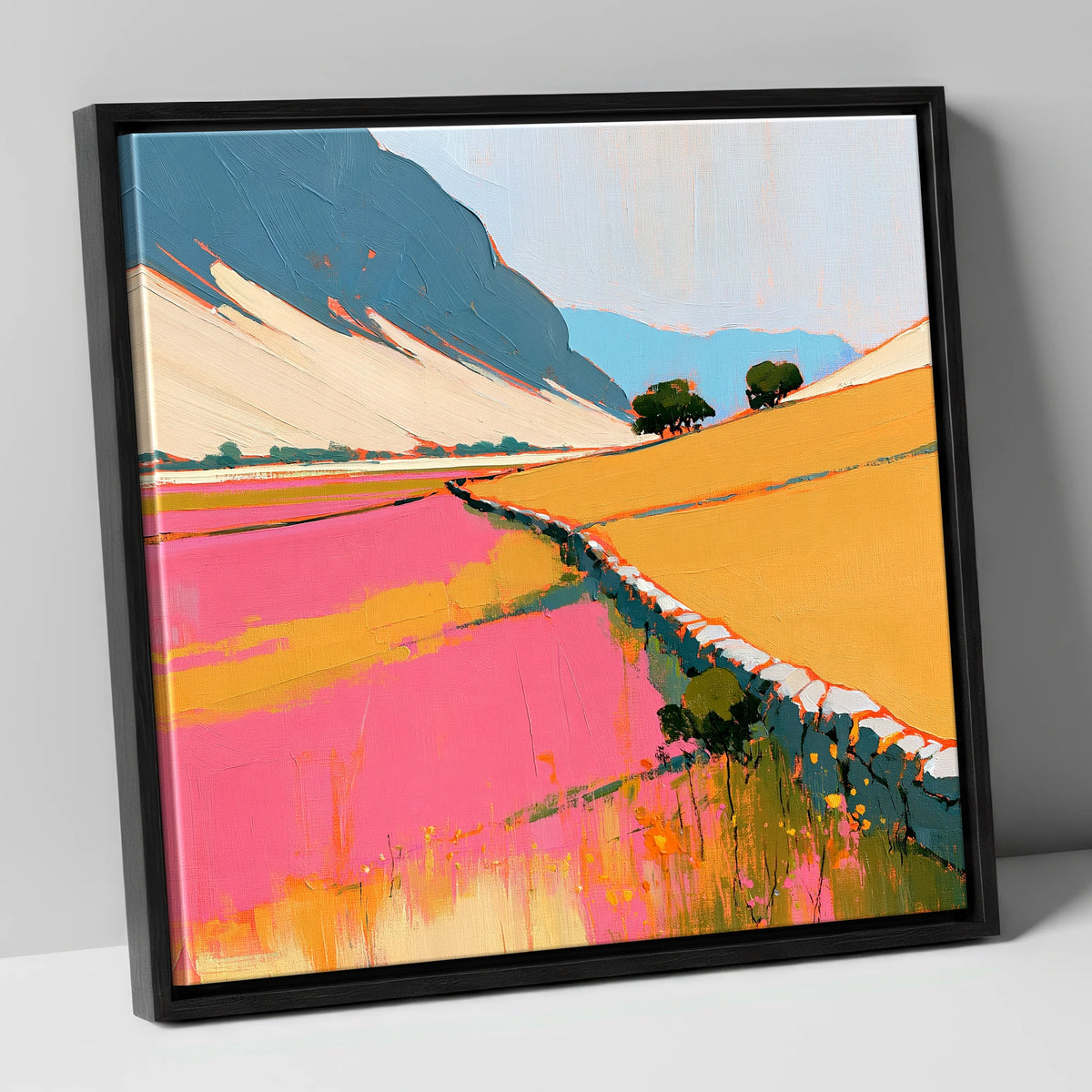 Bold Pink Valley Drystone Wall lake district valley canvas wall art in black frame