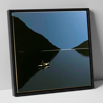 Illuminated Kayak on Dark Lake lake district walking canvas wall art in black frame