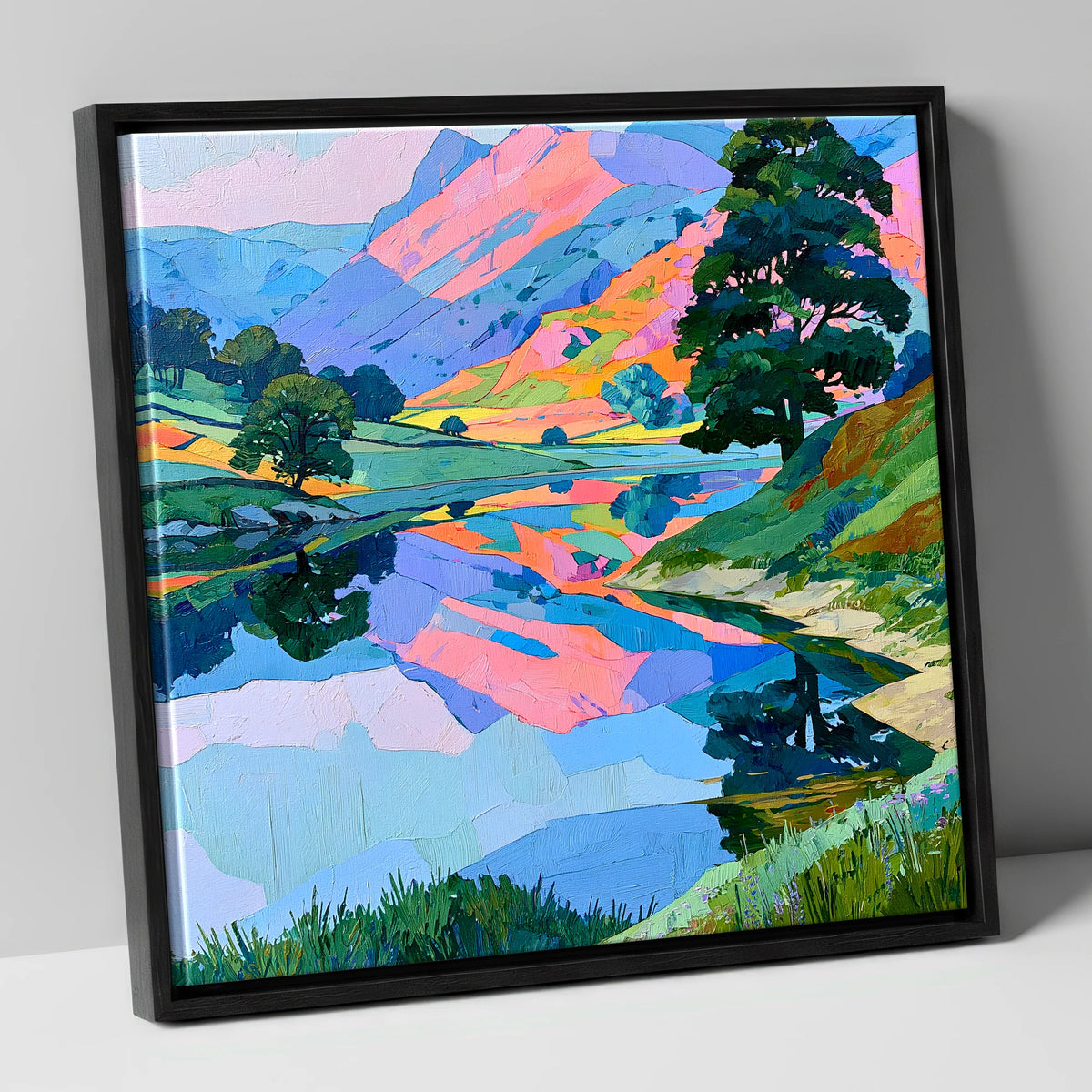 Pastel Fells and Calm Lake Reflections lake district lake canvas wall art in black frame