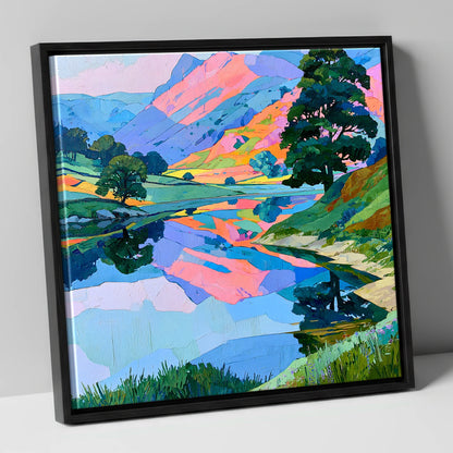 Pastel Fells and Calm Lake Reflections lake district lake canvas wall art in black frame
