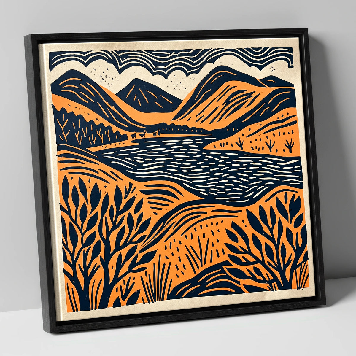 Terracotta and Navy Lake Fells lake district lake canvas wall art in black frame