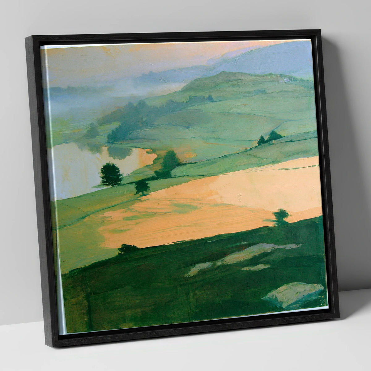 Misty Valley In Apricot Light lake district sky canvas wall art in black frame