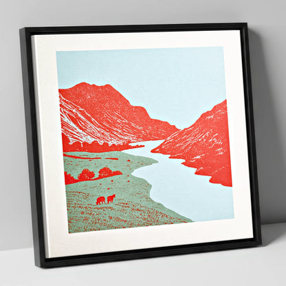 Eskdale Valley in Vivid Red lake district valley canvas wall art in black frame