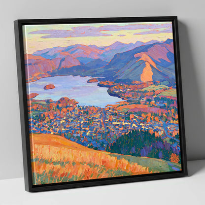 Vibrant Keswick and Derwentwater lake district village canvas wall art in black frame