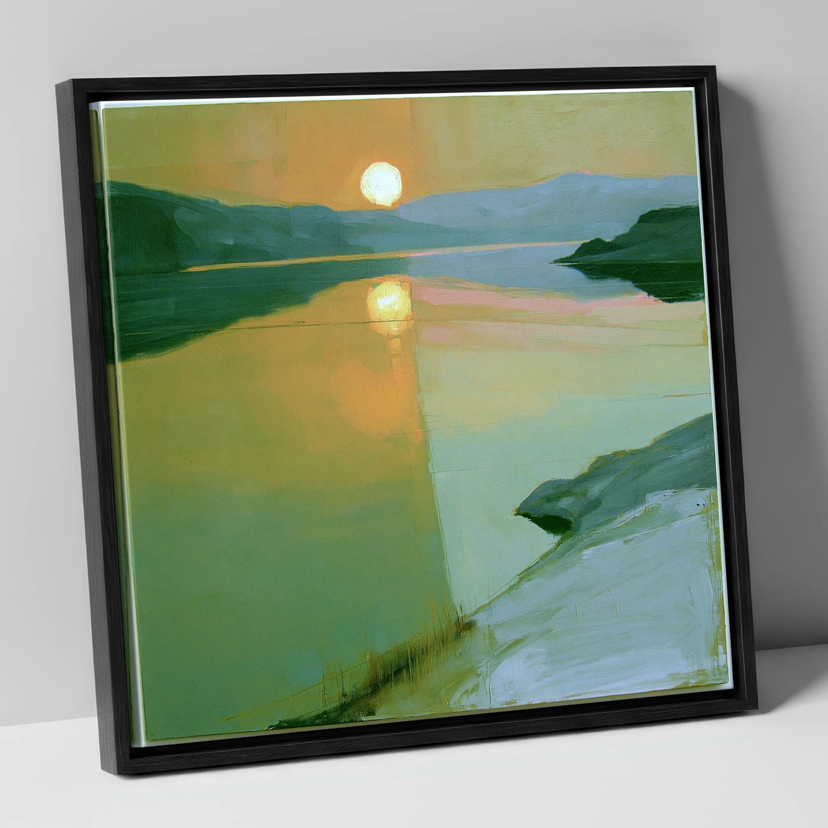 Lake Sunset in Sage Green lake district lake canvas wall art in black frame
