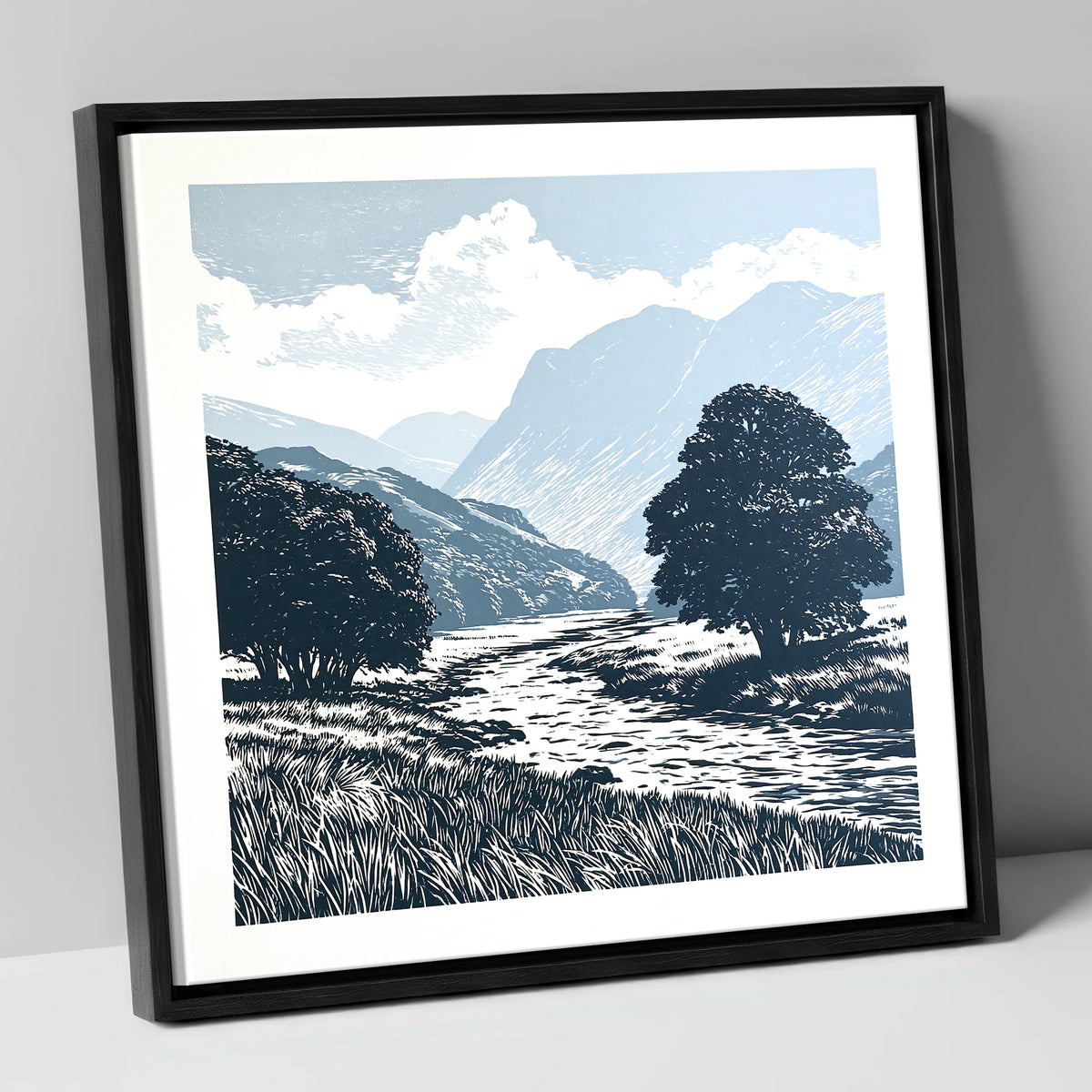 Borrowdale River in Slate Blue lake district valley canvas wall art in black frame