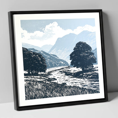 Borrowdale River in Slate Blue lake district valley canvas wall art in black frame