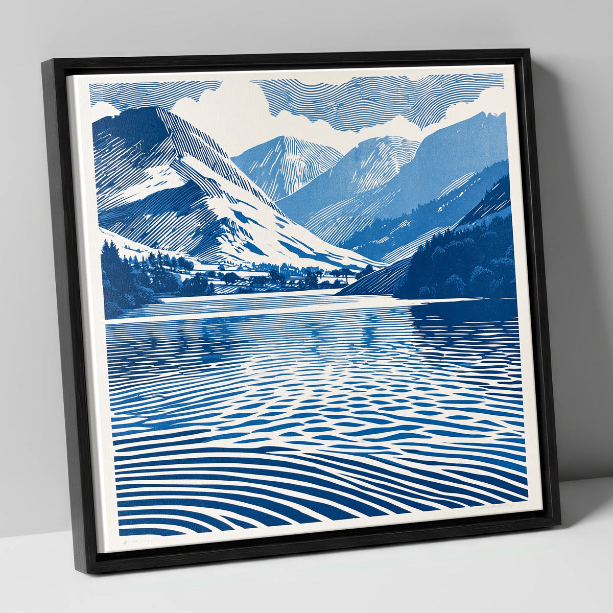 Cobalt Blue Lake And Fells lake district lake canvas wall art in black frame