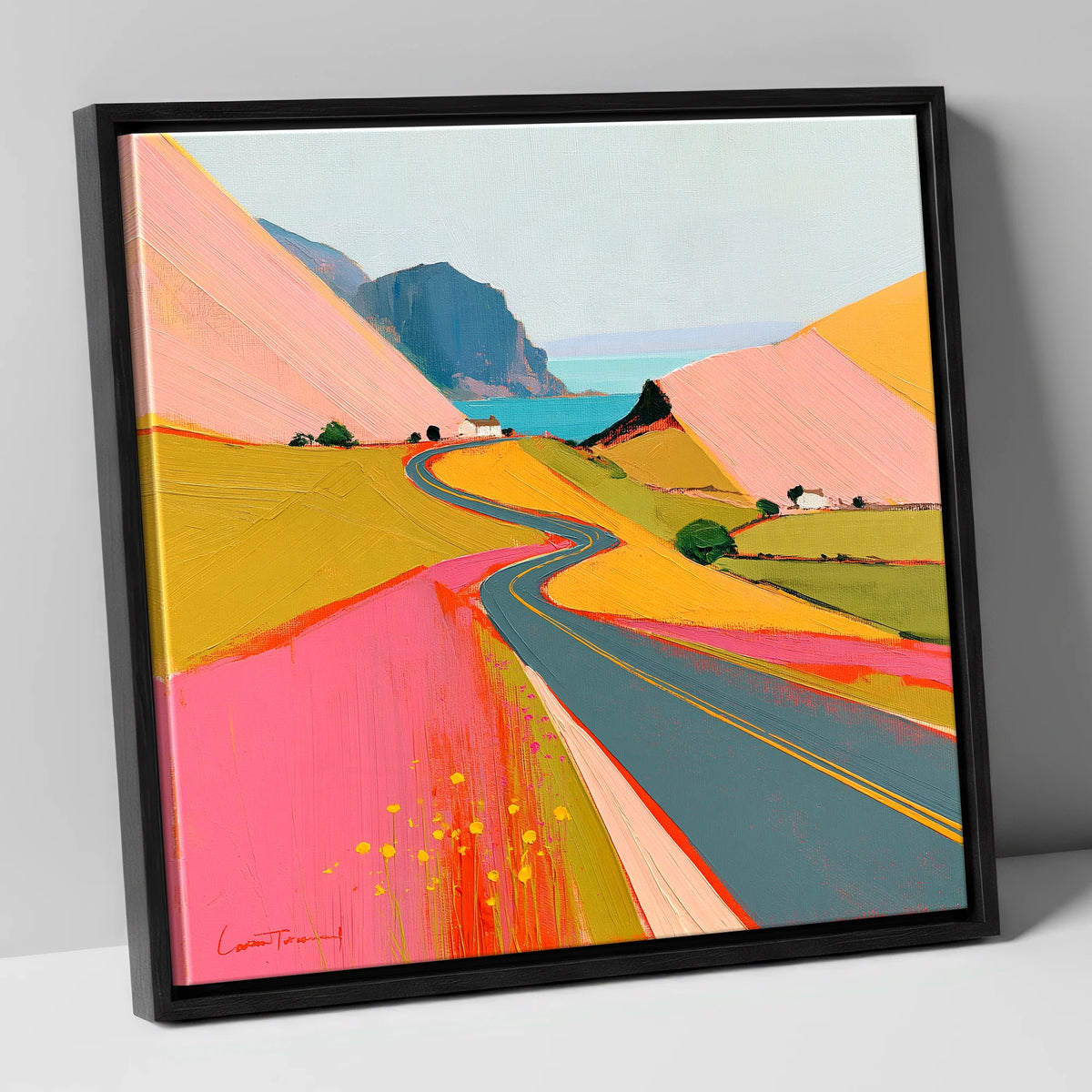 Bold Pink Mountain Pass lake district valley canvas wall art in black frame