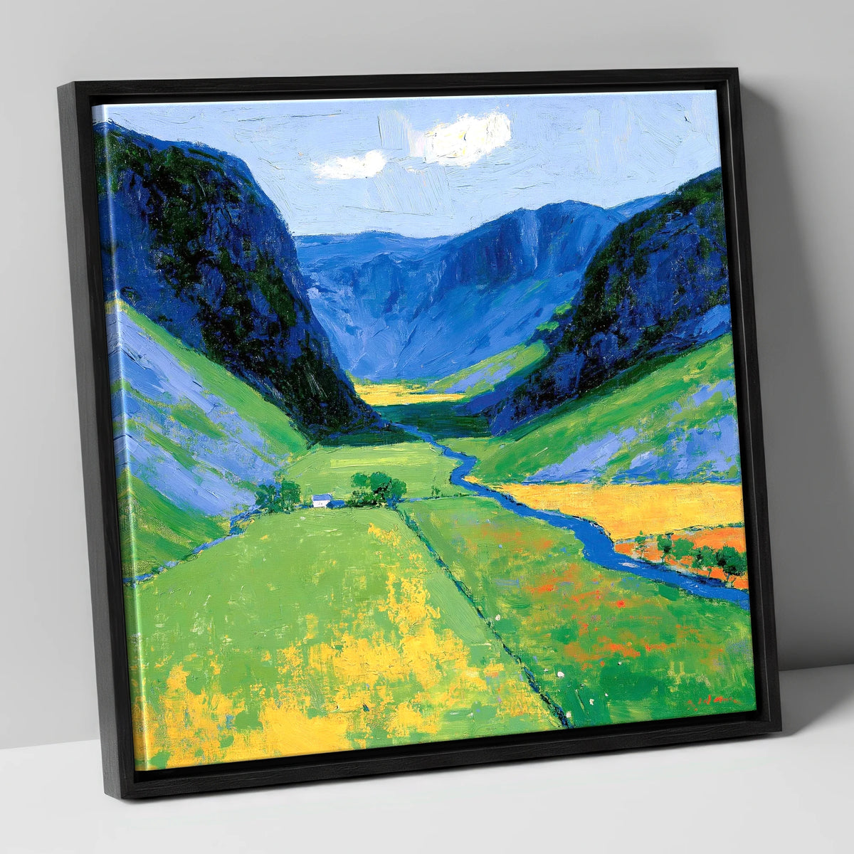 Vivid Valley Beneath Blue Fells lake district valley canvas wall art in black frame