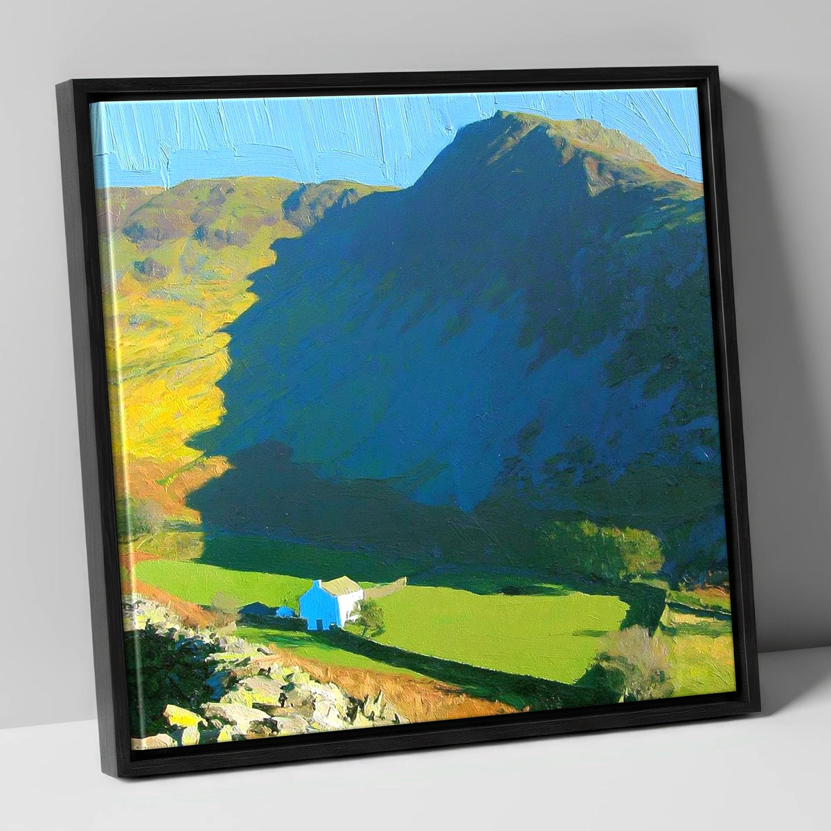 Harter Fell Over Valley Farm lake district fell canvas wall art in black frame