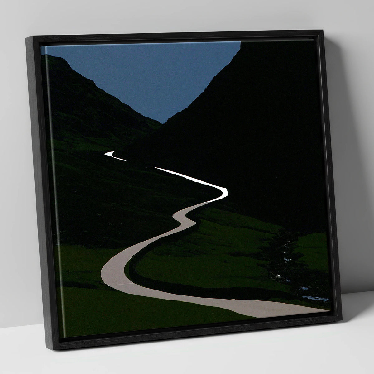 Twilight Winding Mountain Pass lake district valley canvas wall art in black frame