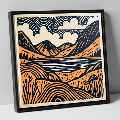Ennerdale Water in Terracotta and Navy lake district valley canvas wall art in black frame