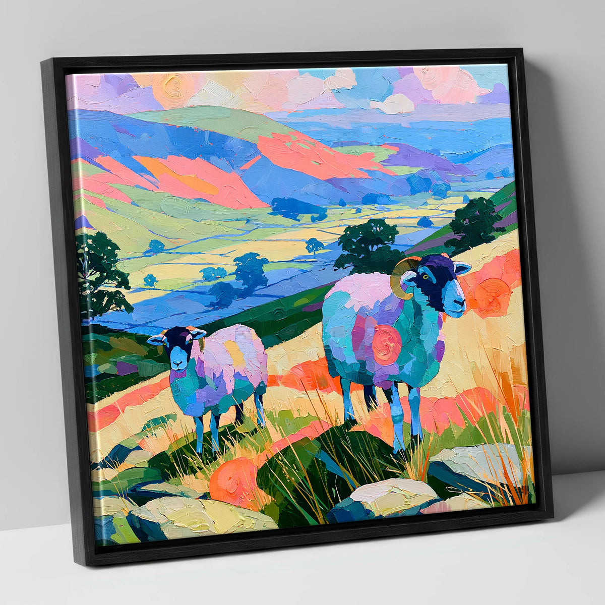 Vibrant Herdwick Sheep Fellside lake district wildlife canvas wall art in black frame