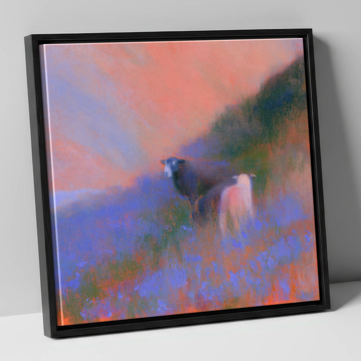 Twilight Herdwicks on the Fell lake district wildlife canvas wall art in black frame