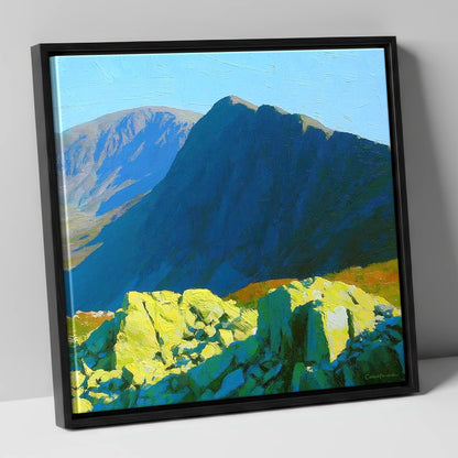 Sunlit Rocks on Great Carrs lake district fell canvas wall art in black frame
