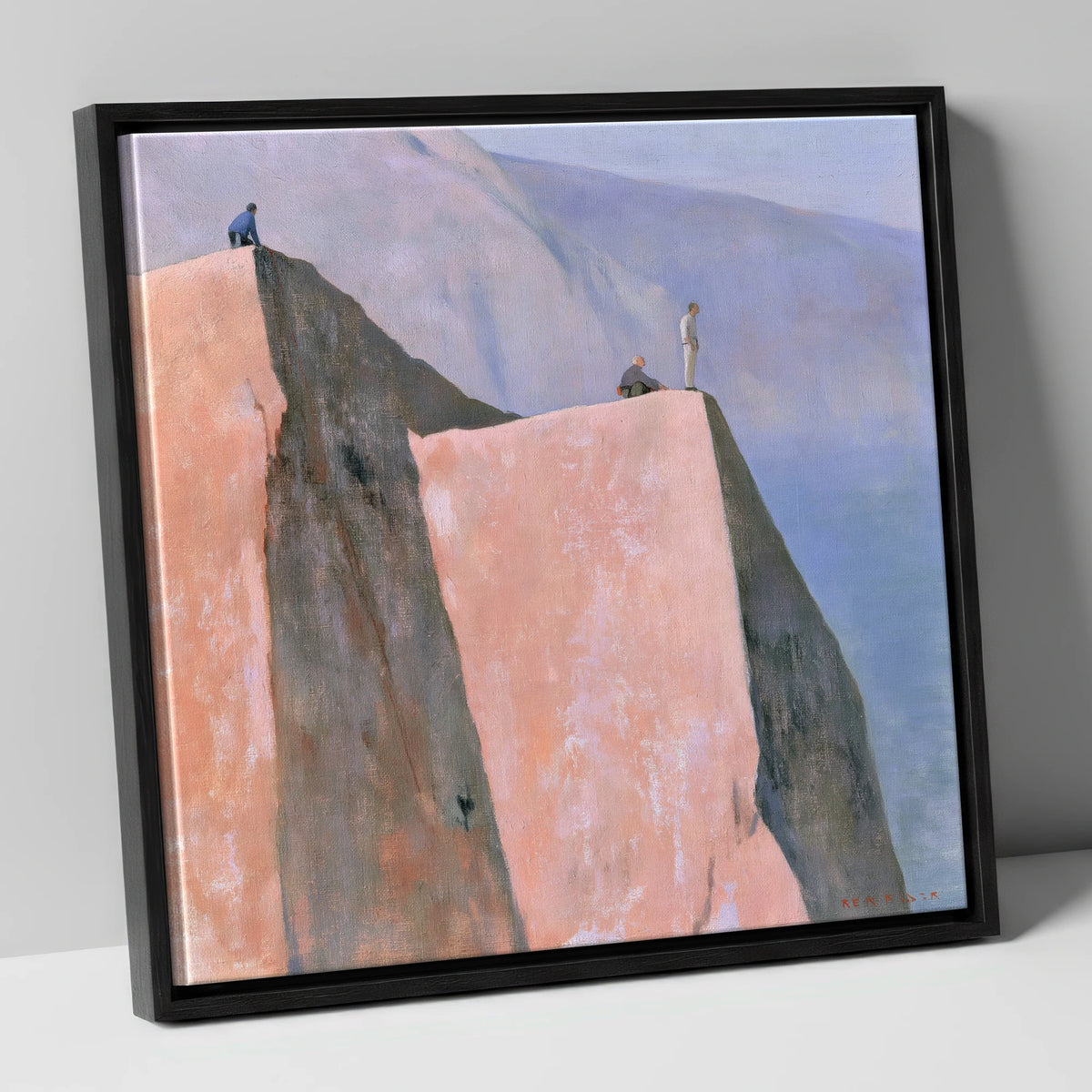 Climbers on a Pastel Crag lake district walking canvas wall art in black frame